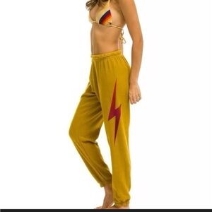 Aviator Nation Mustard Yellow Sweat Joggers with Red Lightning Bolt